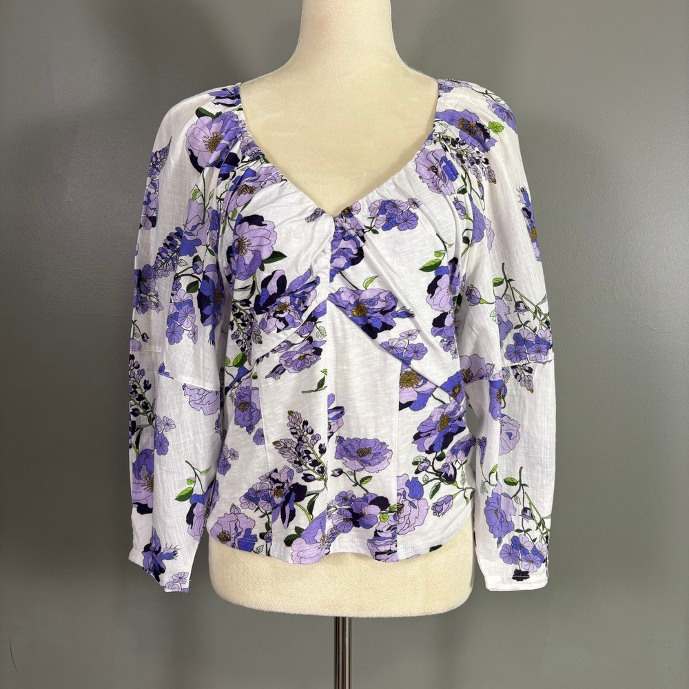 Anthropologie Floral V Neck Ruched Top L Boho Cottagecore Coquette Romantic